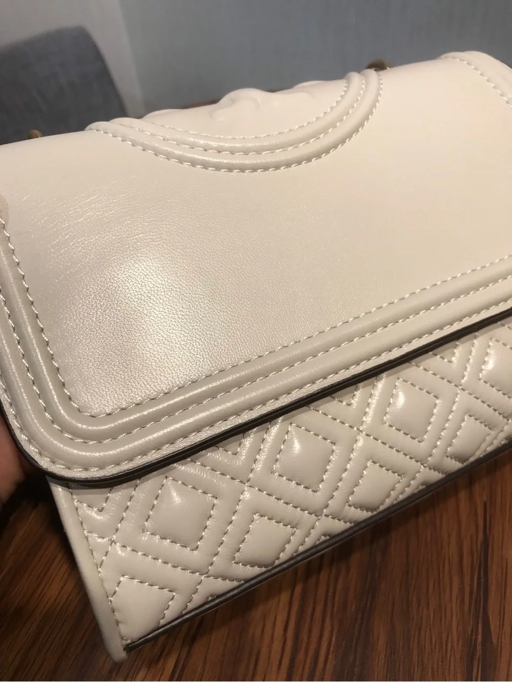 Tory Burch Quilted Taupe Crossbody with Gold Chain